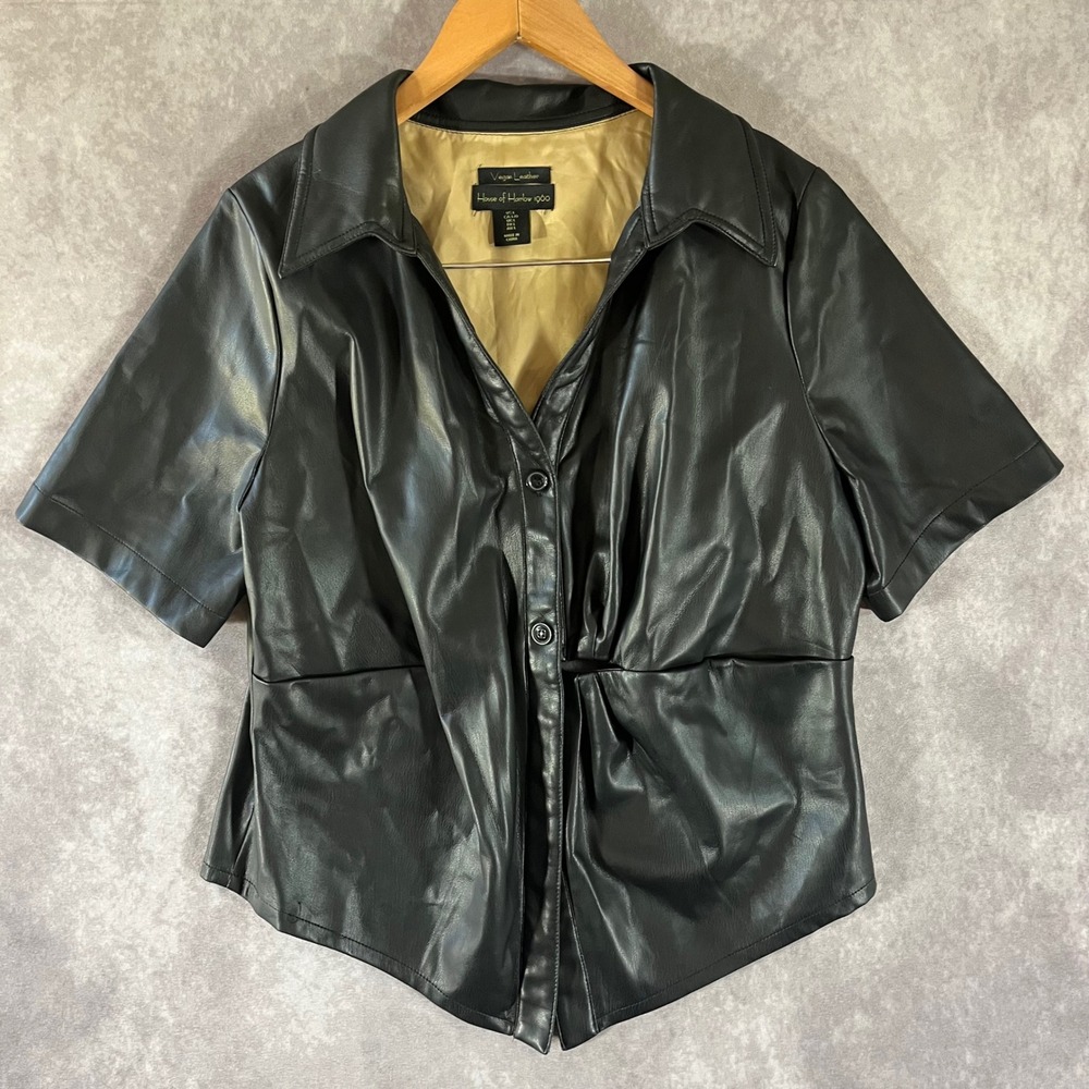 House of Harlow 1960 Vegan Leather Top Women Large Black Short Sleeve *See Pics*
